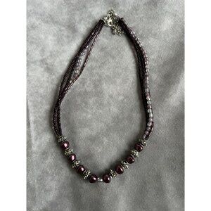 Multi-Strand Purple Beaded Necklace With Silver Accents & Lobster Clasp